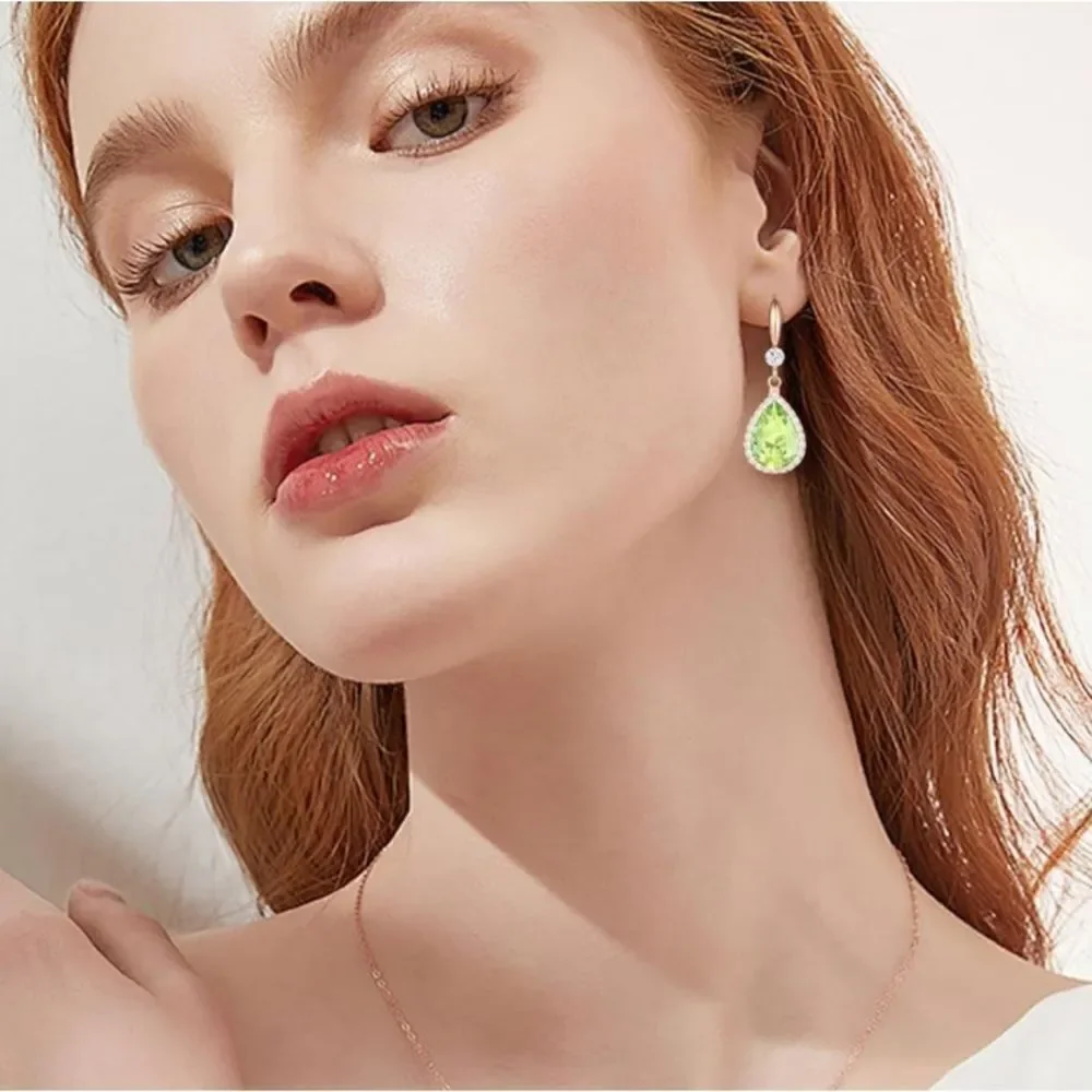 14K Rose Gold with Peridot Green Cubic Zirconia Teardrop Hook Dangling Earrings